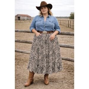 Angie 1X Tiered Peasant Skirt Black Cream Floral Smocked Waist BohoChic Festival